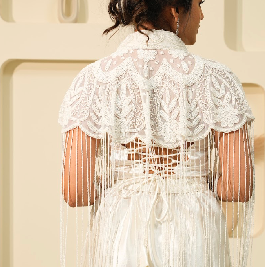 White Embedded Jacket with Corset top & Skirt