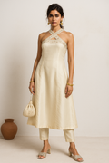 Off White Silk Anarkali With Pants & Handwork