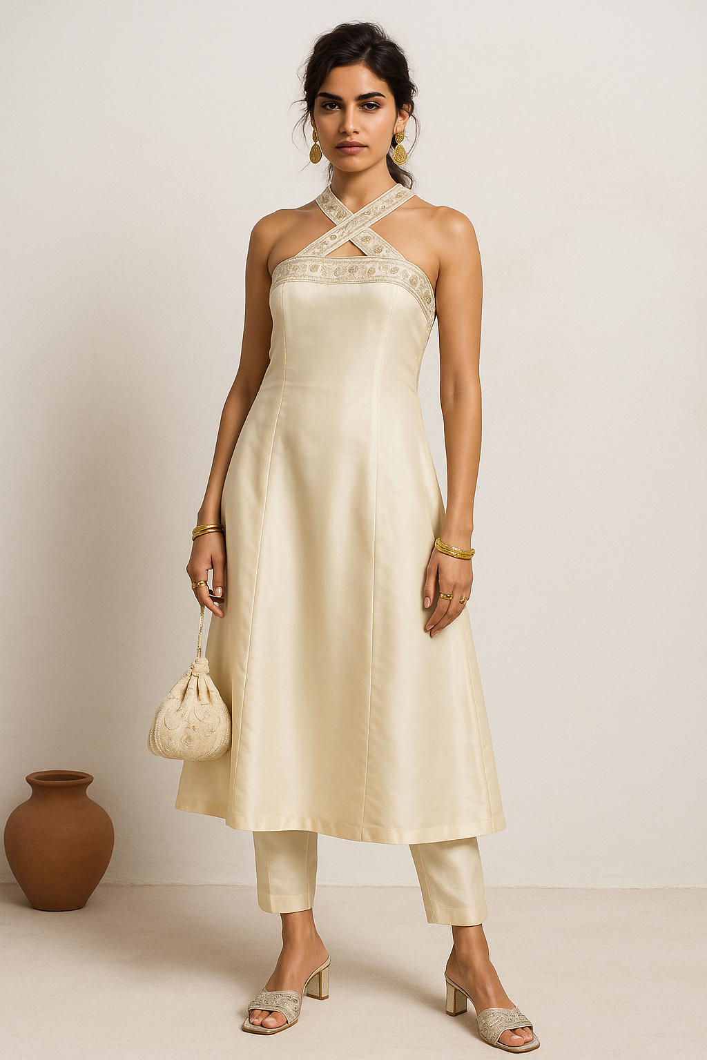 Off White Silk Anarkali With Pants & Handwork