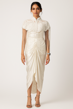 White Embedded Jacket with Corset top & Skirt