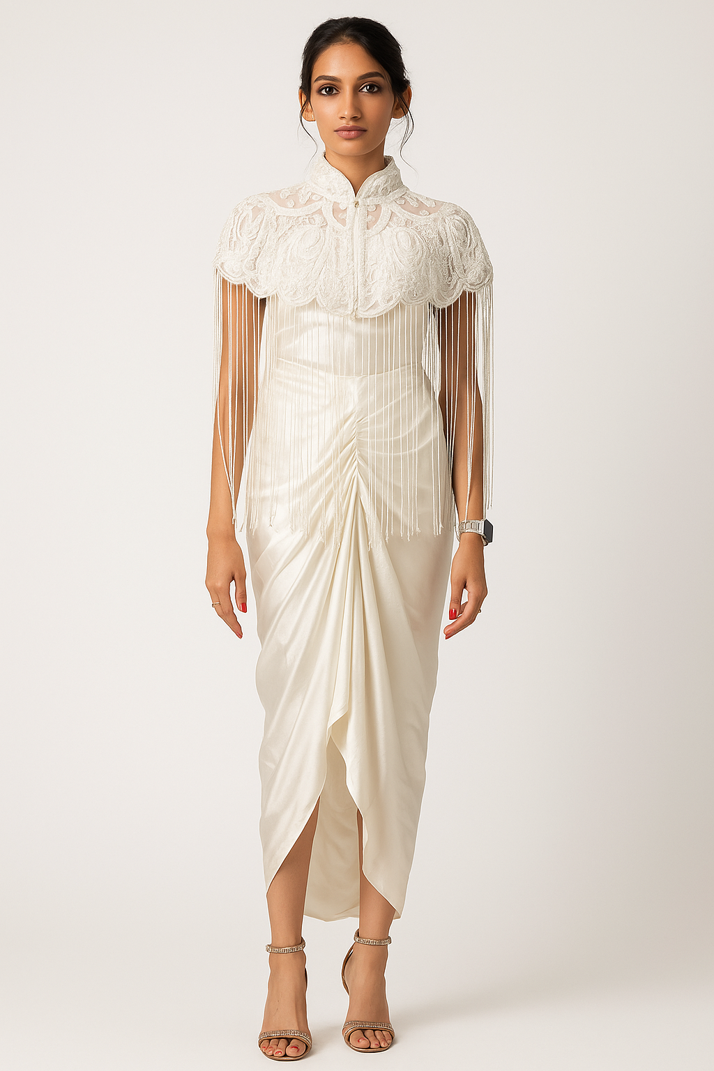 White Embedded Jacket with Corset top & Skirt