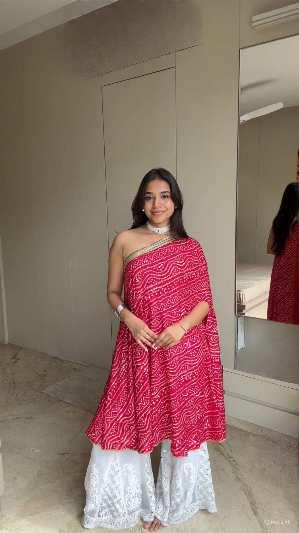 Rangdhani One Shoulder Bandhani Pink Kurta