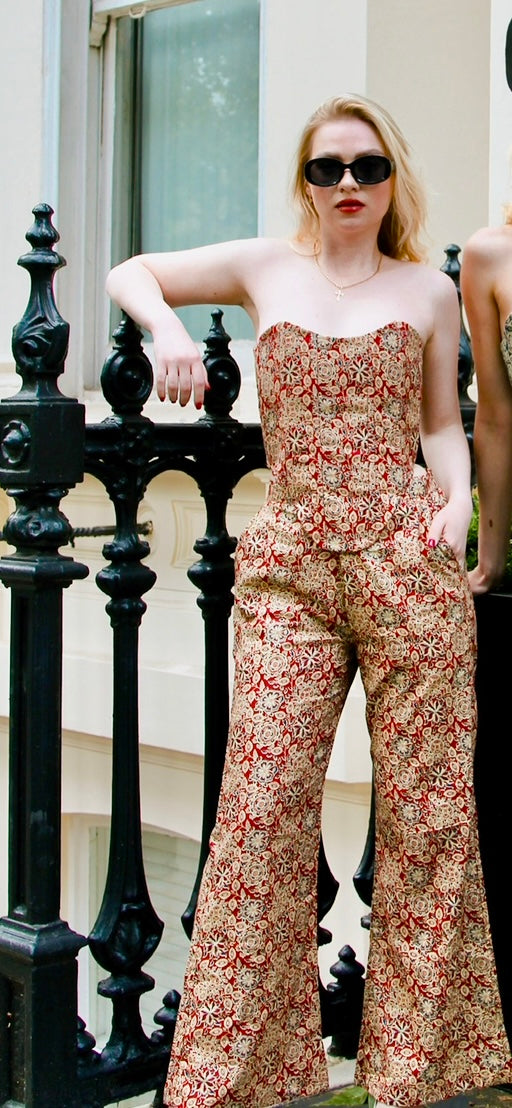 Corset Top and Fitted Trouser Pants Co-ord Set in Maroon
