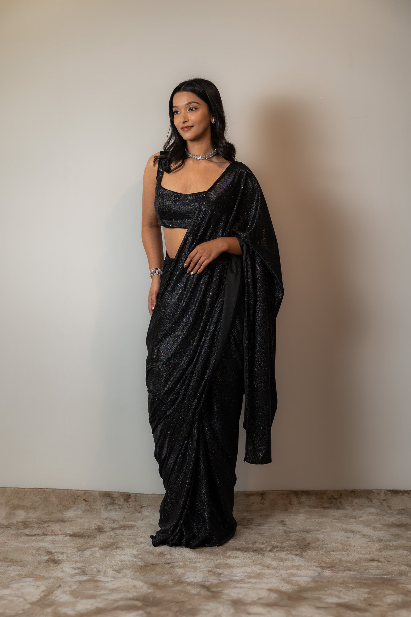 Black bling pre drapped saree