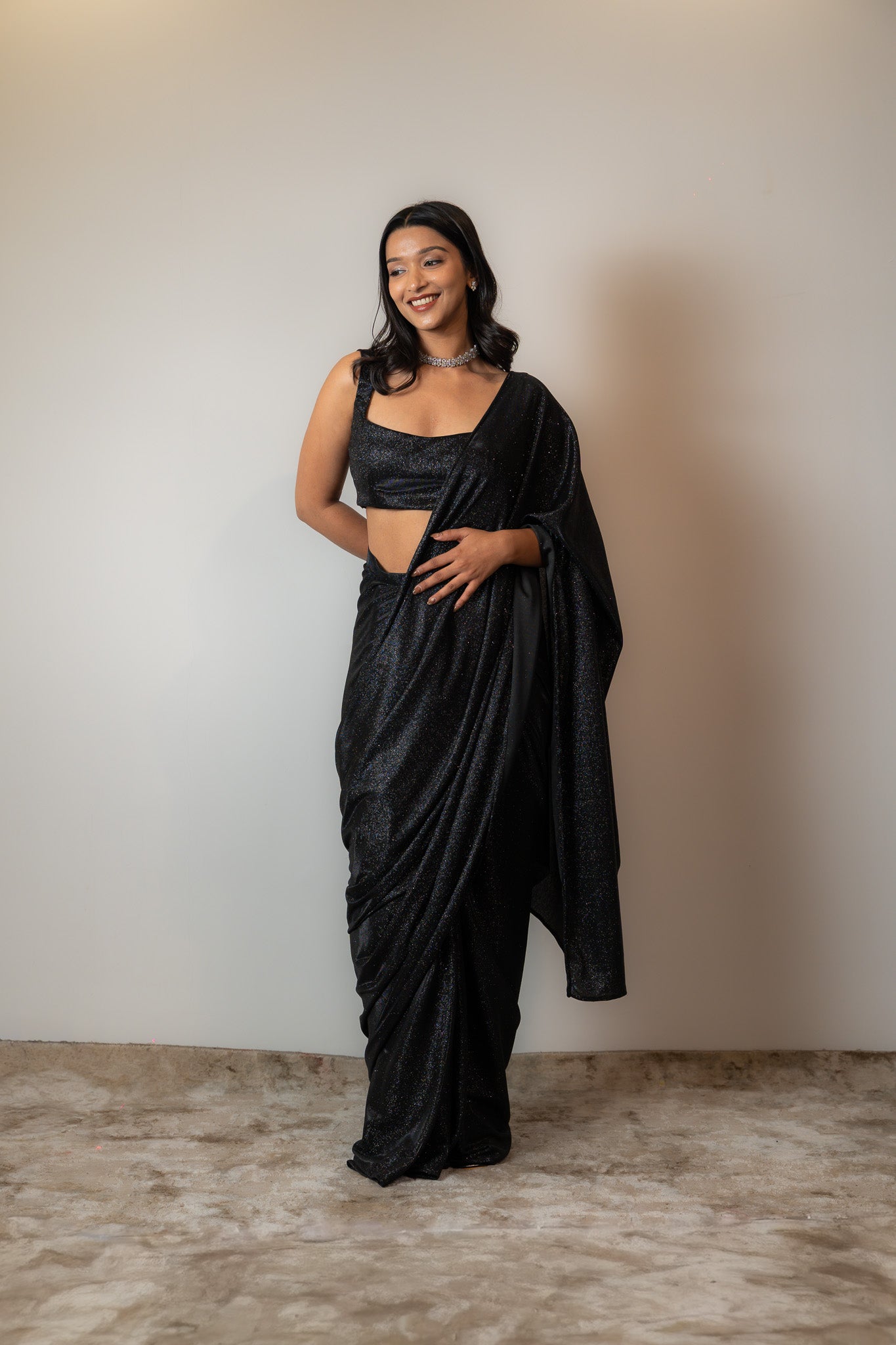 Black bling pre drapped saree