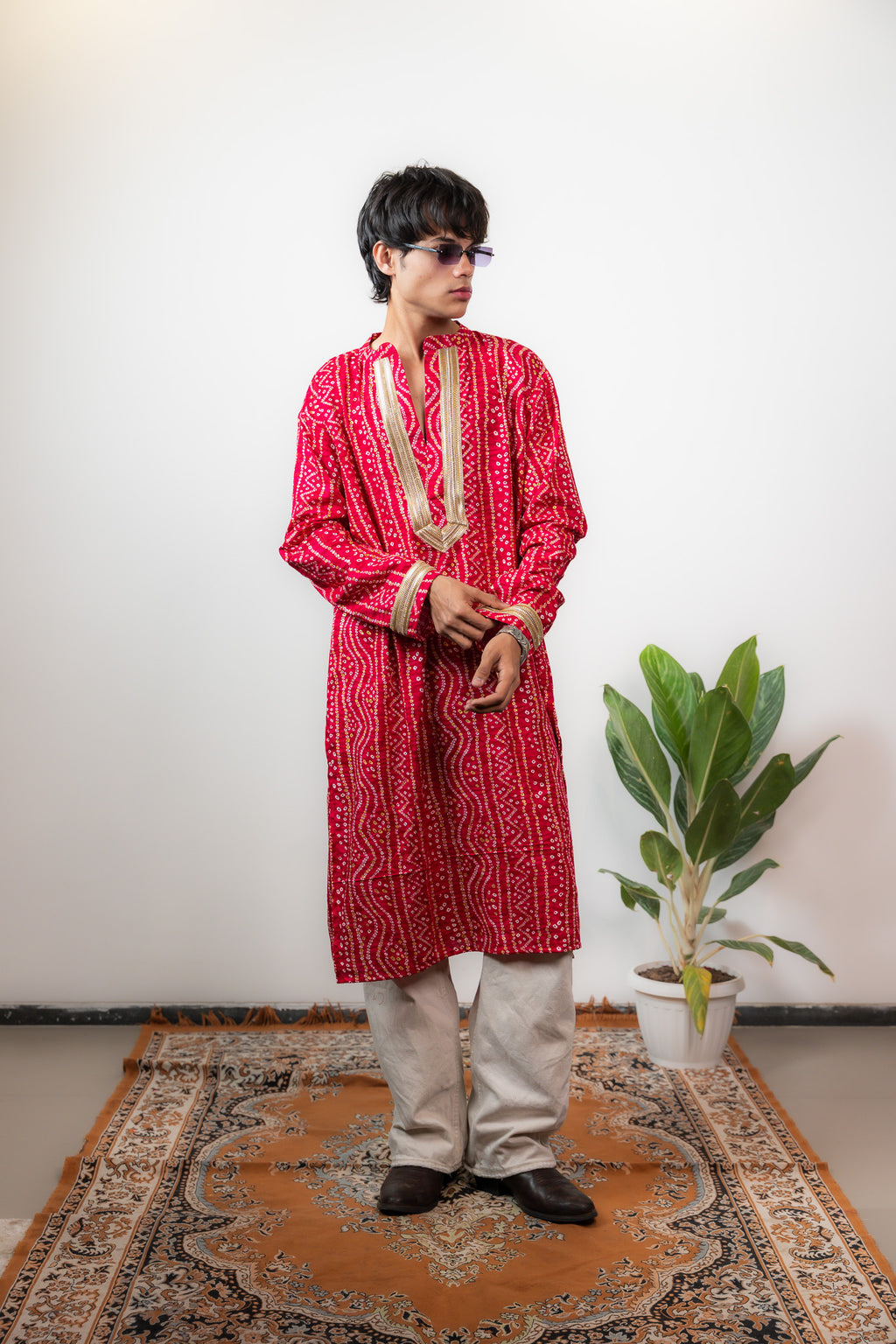 Bandhani Kurta Mens Pink
