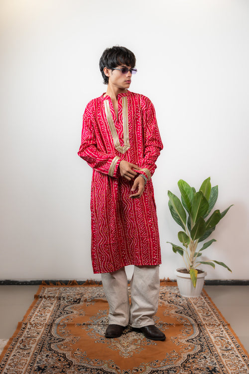 Bandhani Kurta Mens Pink