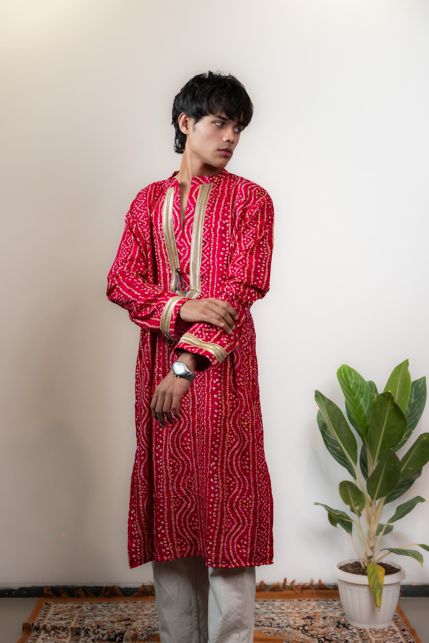 Bandhani Kurta Mens Pink