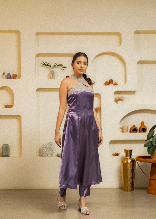 Purple Silk Anarkali With Pants & Handwork