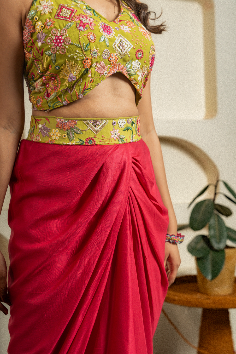 Light Green Embroidered Top & Skirt with Belt