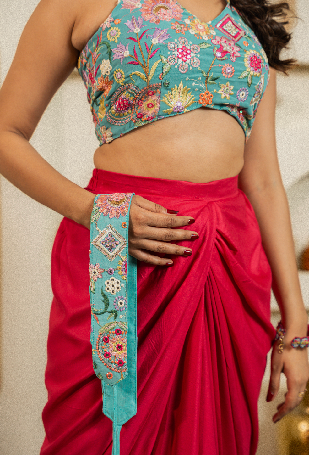 Light Blue Embroidered Top & Skirt with Belt