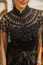 Black Embedded Jacket with Corset top & Skirt