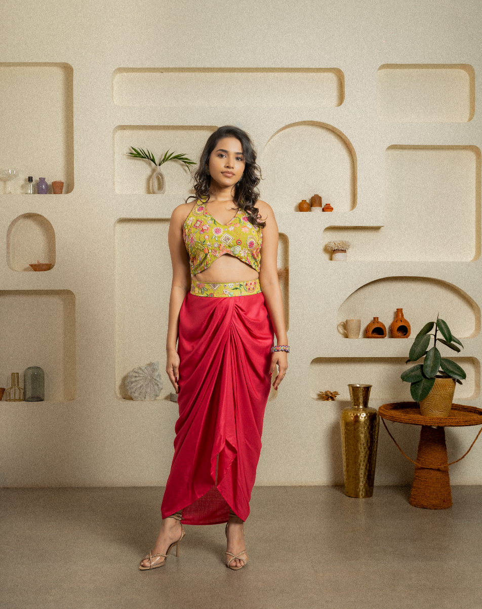 Light Green Embroidered Top & Skirt with Belt